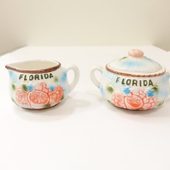 Florida Oranges 3D with blue flowers Creamer and Sugar Bowl with Lid Set - Picture 3 of 6